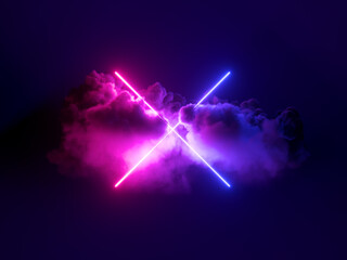 3d render, mystical cloud and cross sign glowing with pink blue neon light, abstract background - obrazy, fototapety, plakaty