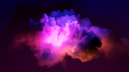 3d render, bright light inside the stormy cloud on the dark sky, neon background