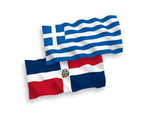 National vector fabric wave flags of Greece and Dominican Republic isolated on white background. 1 to 2 proportion.