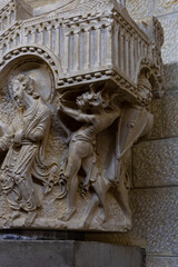 Decorative stone carving on a well-preserved top of a Byzantine period column on display in the museum of the Church Of Annunciation in Nazareth, northern Israel