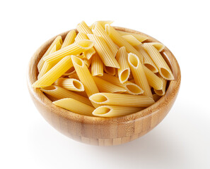Uncooked penne pasta in wooden bowl isolated on white background with clipping path