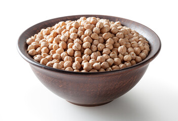 Uncooked chickpea in ceramic bowl isolated on white background with clipping path