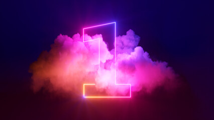 3d render, neon linear number one and colorful cloud glowing with pink blue neon light, abstract fantasy background - obrazy, fototapety, plakaty