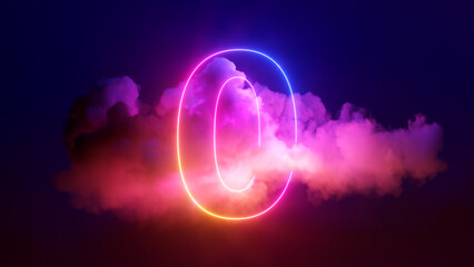 3d render, neon linear number zero and colorful cloud glowing with pink blue neon light, abstract...