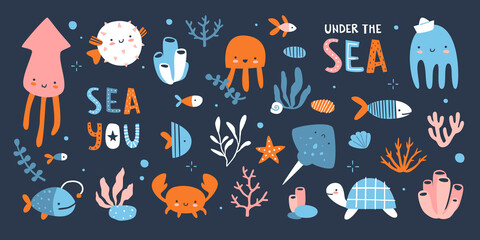 Underwater life cute set with lettering. Seabed cartoon collection with animals and water plants. Big sea bundle.