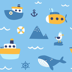 Fototapeta na wymiar Cute marine baby pattern with ships and whale. Seamless vector nursery sea print for textile and wallpaper.