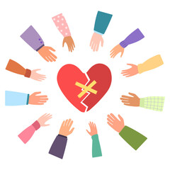 Hands of different nationalities together and broken heart fixed with band aid. Mutual help, care and support concept. Vector flat illustration