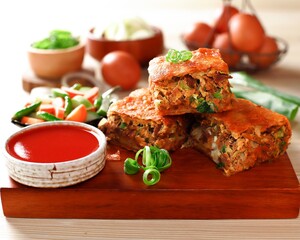 Indonesia traditional street food Martabak Telur or omelette murtabak, savory pan-fried pastry stuffed with egg, meat and spices with kari sauce