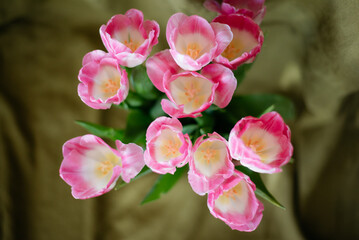 Bouquet of pink tulips on a green linen background. Close-up.