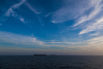Three large merchant ships anchored at sea in the distance.