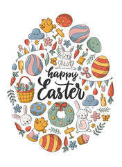Fototapeta premium Happy Easter greeting card, poster, print, invitation decorated with doodles and cartoon elements on white background. EPS 10