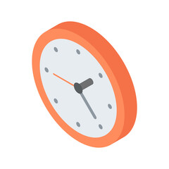 Red circle wall watch with arrows isometric vector illustration. Rounded clock for time checking hanging indoor at home office isolated. Minutes, hours and seconds accuracy measure