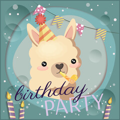 Birthday party lama. Postcard. Vector illustration.