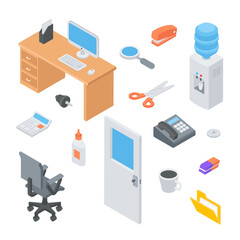 Collection isometric office elements furniture, electronic, stationery vector illustration. Modern comfortable items for workplace room interior design organization isolated. Contemporary occupation