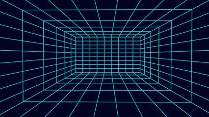 Perspective blue grid on a dark background. Futuristic vector illustration. Virtual reality framework. Background in the style of the 80s.
