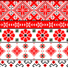 National folklore bulgarian balkan embroidery style red, green and black ornamental seamless vector pattern
