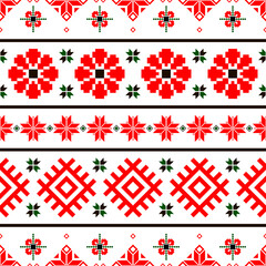 National folklore bulgarian balkan embroidery style red, green and black ornamental seamless vector pattern - obrazy, fototapety, plakaty
