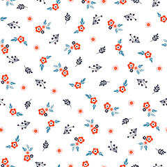 White seamless pattern with colorful flower and plants.