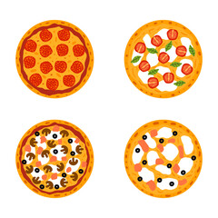 Traditional italian pizza set with different ingredients. Hand-drawn vector illustration