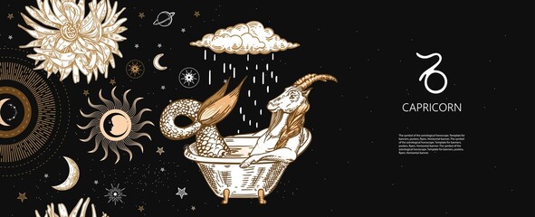 Capricorn zodiac sign. Capricorn is sitting in the bath. Cloud and rain. Astrology.