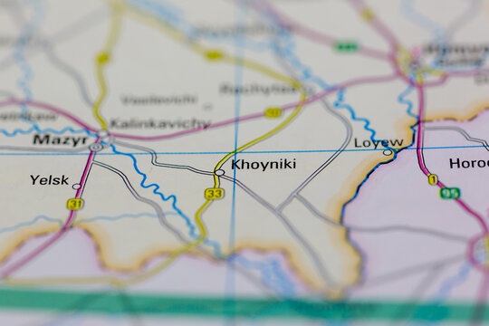 03-03-2022 Portsmouth, Hampshire, UK, Khoyniki Ukraine shown on a road map or Geography map