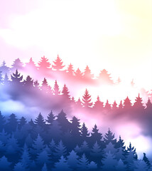 Beautiful colorful coniferous forest with fog at sunset