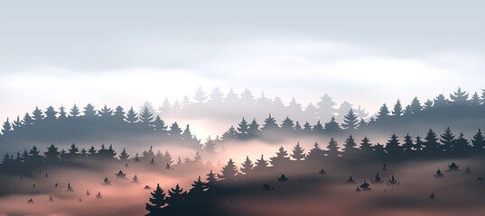 Beautiful coniferous forest with fog at sunset
