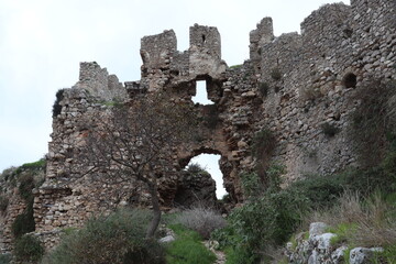 old fortress on top of the mountain near voidokilias beach, Peloponnes Greece
