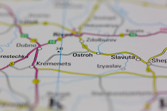 03-03-2022 Portsmouth, Hampshire, UK, Ostroh Ukraine shown on a road map or Geography map