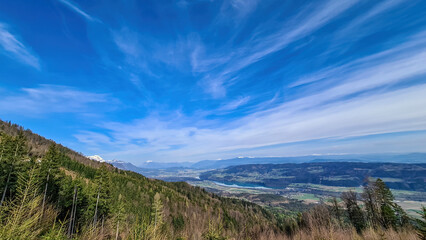 Scenic view on the Drava river in the Rosental valley on the way to Sinacher Gupf in Carinthia, Austria. Forest in early spring. The Hohe Tauern mountain range can be seen in the back. Sunny day. Hike