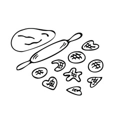 Hand drawn doodle Rolling Pin with dough and cookies isolated  white background 