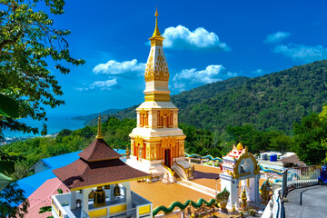 Buddah temple with beautiful views from top of mountain of Patong Phuket Thailand. 