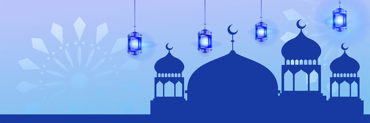Islamic ramadan kareem banner background with crescent pattern moon star mosque lantern. Vector illustration. Ramadhan colorful wide banner design background