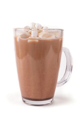 Glass transparent mug with hot cocoa and marshmallow drink on a white insulated background.