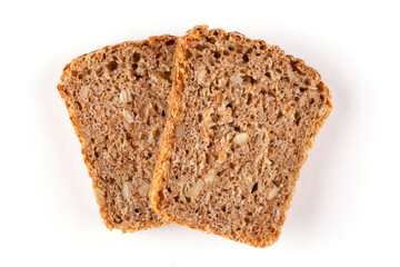 Two pieces (slices) of square healthy bread made of wheat and rye whole-grain flour with the addition of sprouted grain on a white isolated background. Sourdough bread.