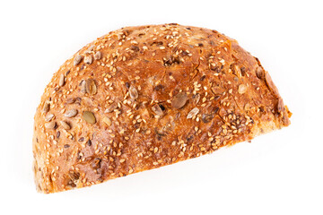 Half of a round bread made of whole wheat flour with pumpkin seeds, sesame seeds, flax and sunflower seeds on a white isolated background. Bread without yeast, with sourdough. Proper nutrition.