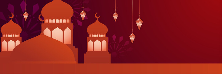 Islamic ramadan kareem banner background with crescent pattern moon star mosque lantern. Vector illustration. Ramadhan colorful wide banner design background
