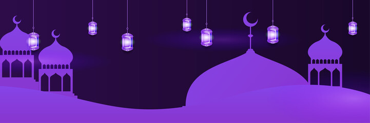 Islamic ramadan kareem banner background with crescent pattern moon star mosque lantern. Vector illustration. Ramadhan colorful wide banner design background