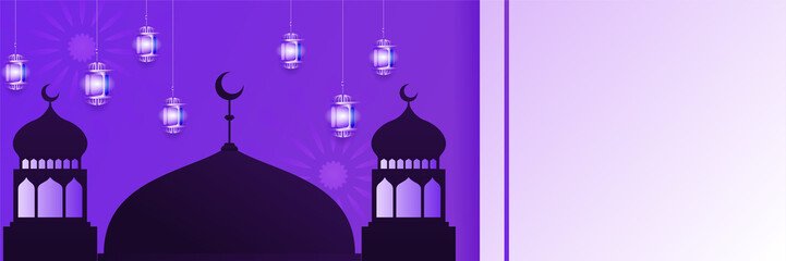 Islamic ramadan kareem banner background with crescent pattern moon star mosque lantern. Vector illustration. Ramadhan colorful wide banner design background