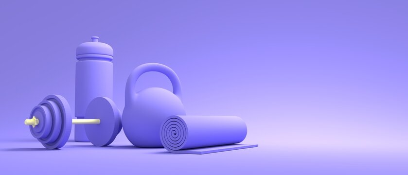 Gym training and home exercising and fitness equipment. Dumbbells, bob, yoga mat and bottle. Tools for healthy lifestyle and wellbeing. 3D render
