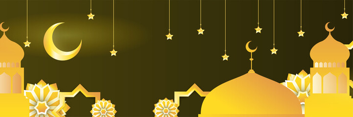 Islamic ramadan kareem banner background with crescent pattern moon star mosque lantern. Vector illustration. Ramadhan colorful wide banner design background
