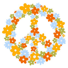 Hippie peace sign with flowers. Seventies style hand-drawn vector illustration.