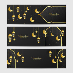 Set of Premium Ramadhan black and gold colorful wide banner design background