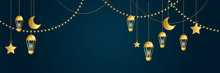 Islamic ramadan kareem banner background with crescent pattern moon star mosque lantern. Vector illustration. Ramadhan lantern dark blue gold colorful wide banner design background © Salman