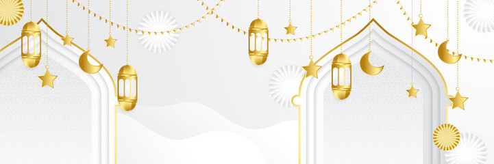 Islamic ramadan kareem banner background with crescent pattern moon star mosque lantern. Vector illustration. Ramadhan white colorful wide banner design background