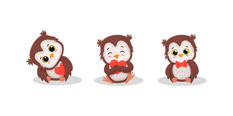 Cute cartoon owl character with different poses with heart.Valentines day.Owlet .Vector illustration