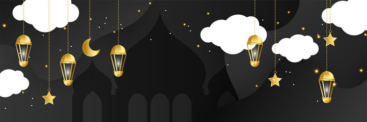 Islamic ramadan kareem banner background with crescent pattern moon star mosque lantern. Vector illustration. Premium Ramadhan black and gold colorful wide banner design background