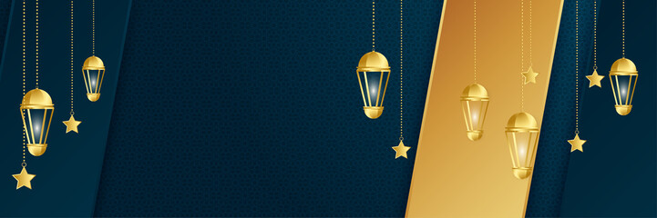 Islamic ramadan kareem banner background with crescent pattern moon star mosque lantern. Vector illustration. Ramadhan lantern dark blue gold colorful wide banner design background