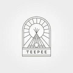 teepee indian badge symbol with sunburst illustration design, native american tent logo vector design © linimasa