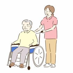 高齢男性と車イスを押すヘルパー